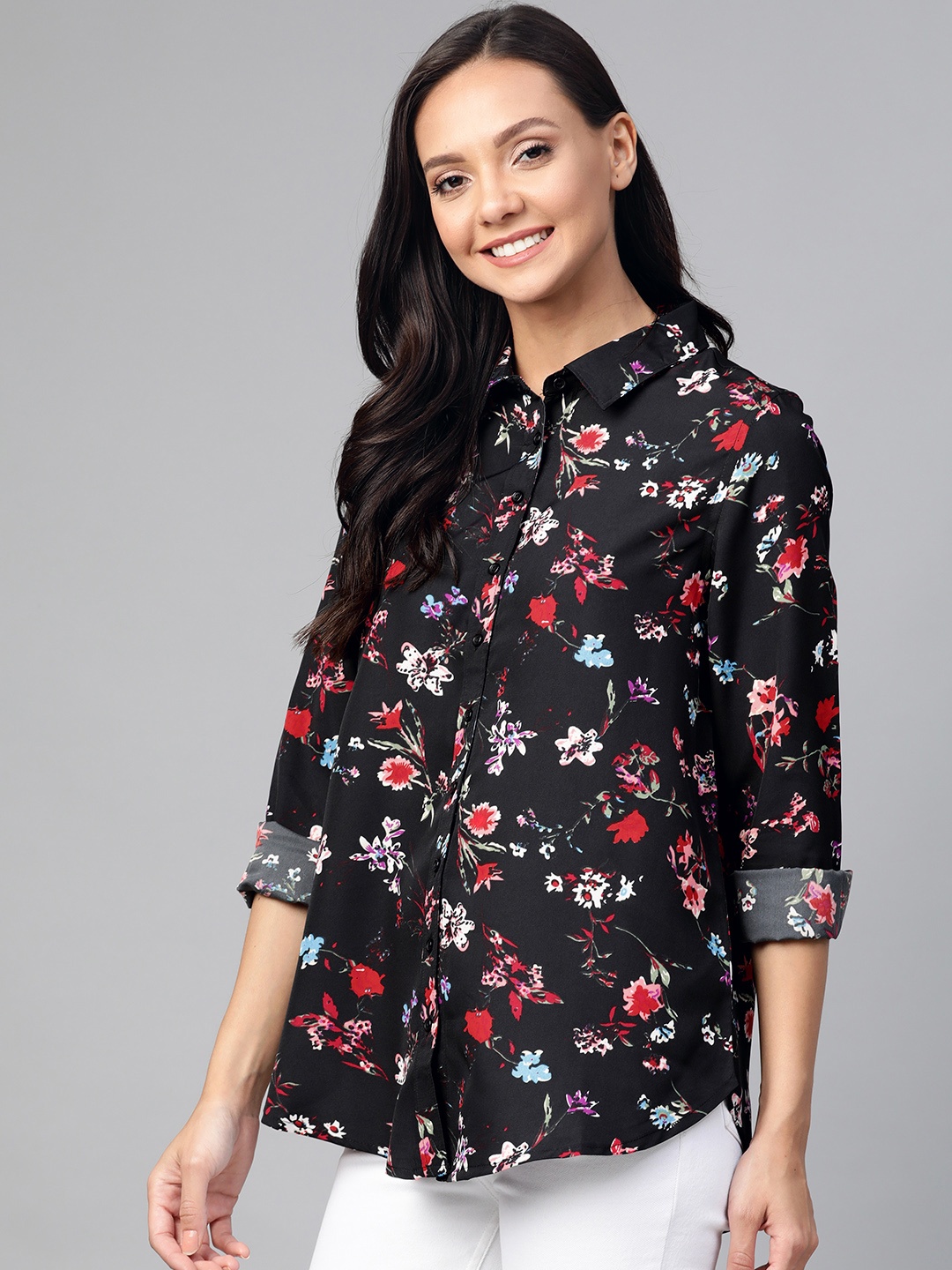 

Mast & Harbour Women Black & Pink Regular Fit Floral Print Casual Shirt