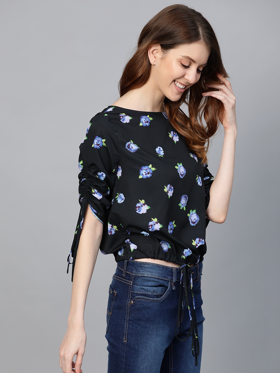 

Mast & Harbour Women Black Floral Print Blouson Top