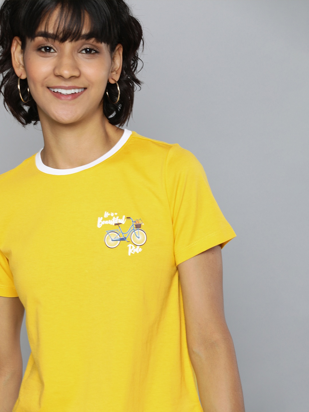 

Mast & Harbour Women Mustard Yellow Solid Round Neck T-shirt With Printed Detailing