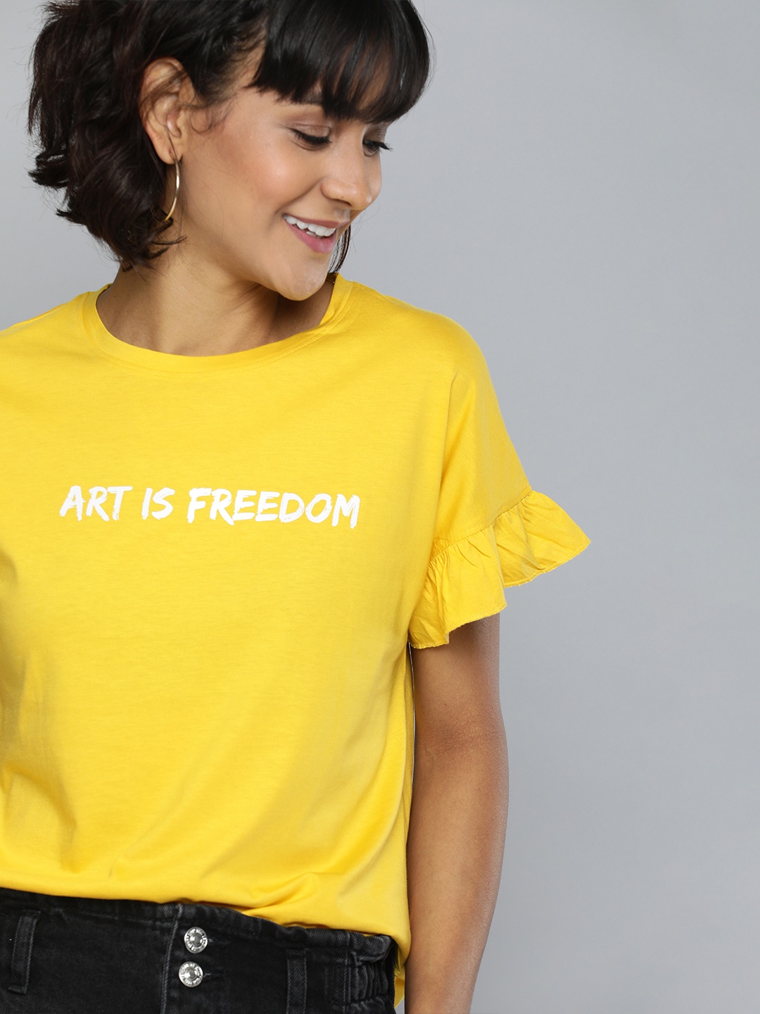 

Mast & Harbour Women Mustard Yellow Printed Round Neck Drop-Shoulder Ruffled T-shirt