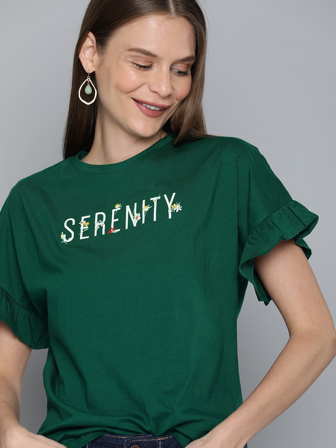 

Mast Harbour Women Green Relaxed Fit Printed Ruffle Sleeve Round Neck Pure Cotton T-shirt