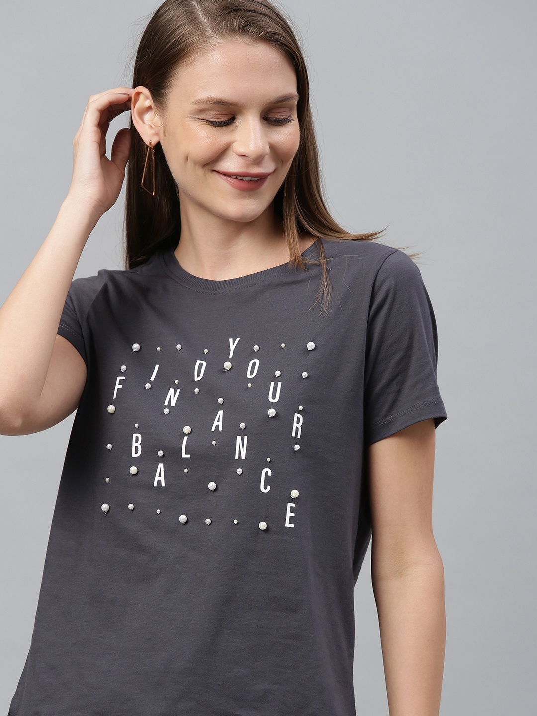 

Mast Harbour Women Charcoal Grey Printed Round Neck High Low Pure Cotton T-shirt With Embellishments