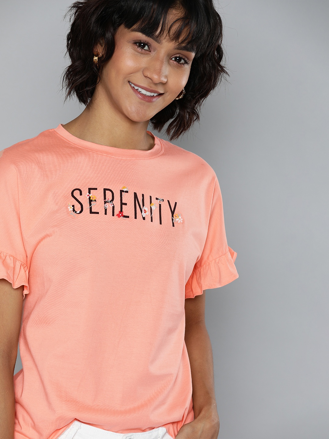 

Mast Harbour Women Peach-Coloured Printed Round Neck Pure Cotton T-shirt