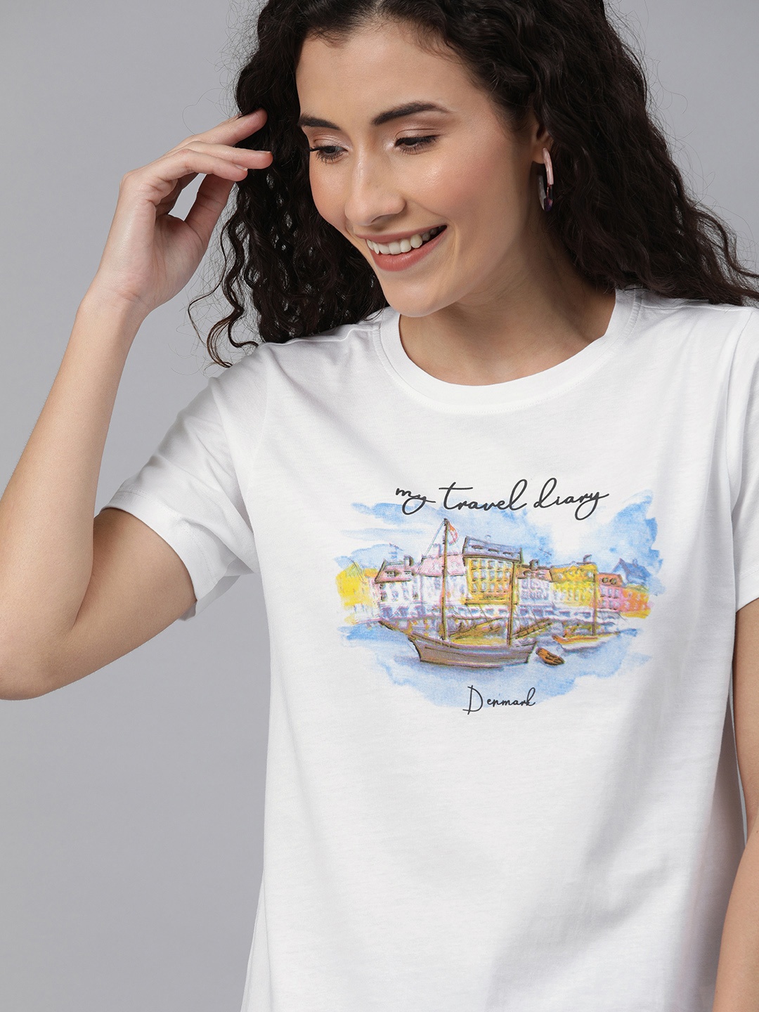 

Mast & Harbour Women White Printed Round Neck T-shirt