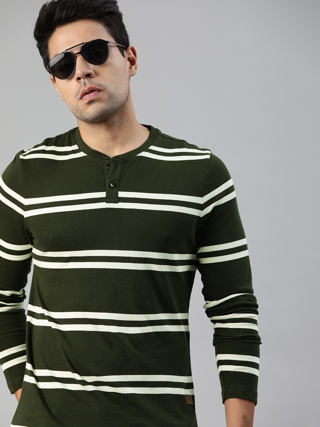 

Roadster Men Olive Green White Striped Henley Neck Pure Cotton T-shirt