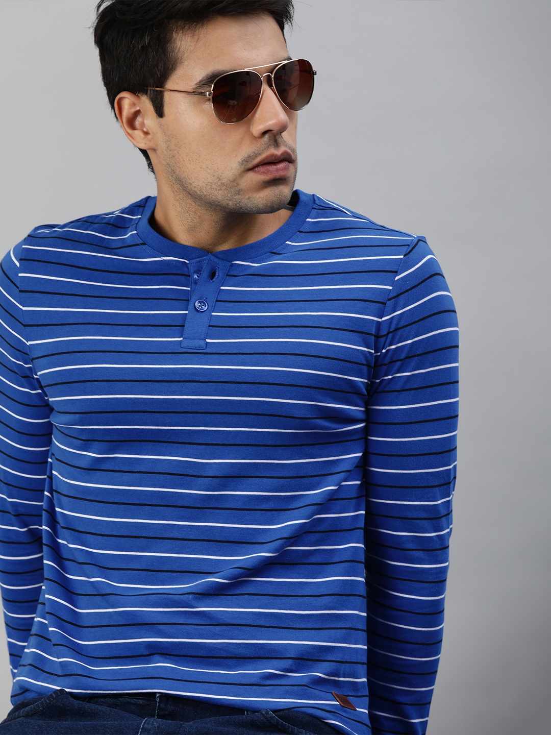 

Roadster Men Blue White Striped Henley Neck Pure Cotton T-shirt