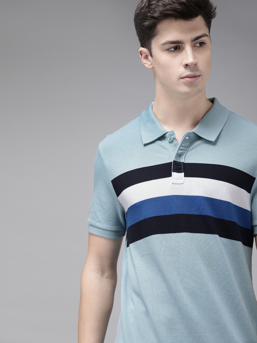 

Roadster Men Blue White Striped Polo Collar Pure Cotton T-shirt