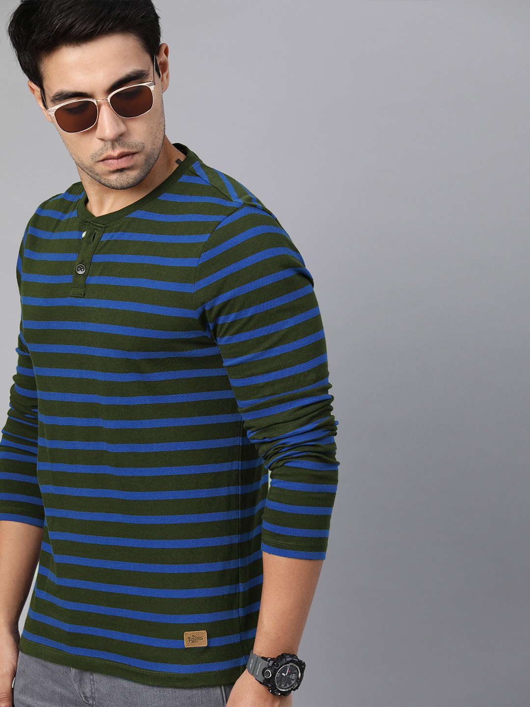 

Roadster Men Olive Green Blue Striped Henley Neck Pure Cotton T-shirt