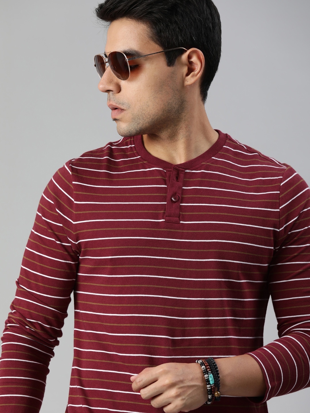 

Roadster Men Maroon White Striped Henley Neck Pure Cotton T-shirt