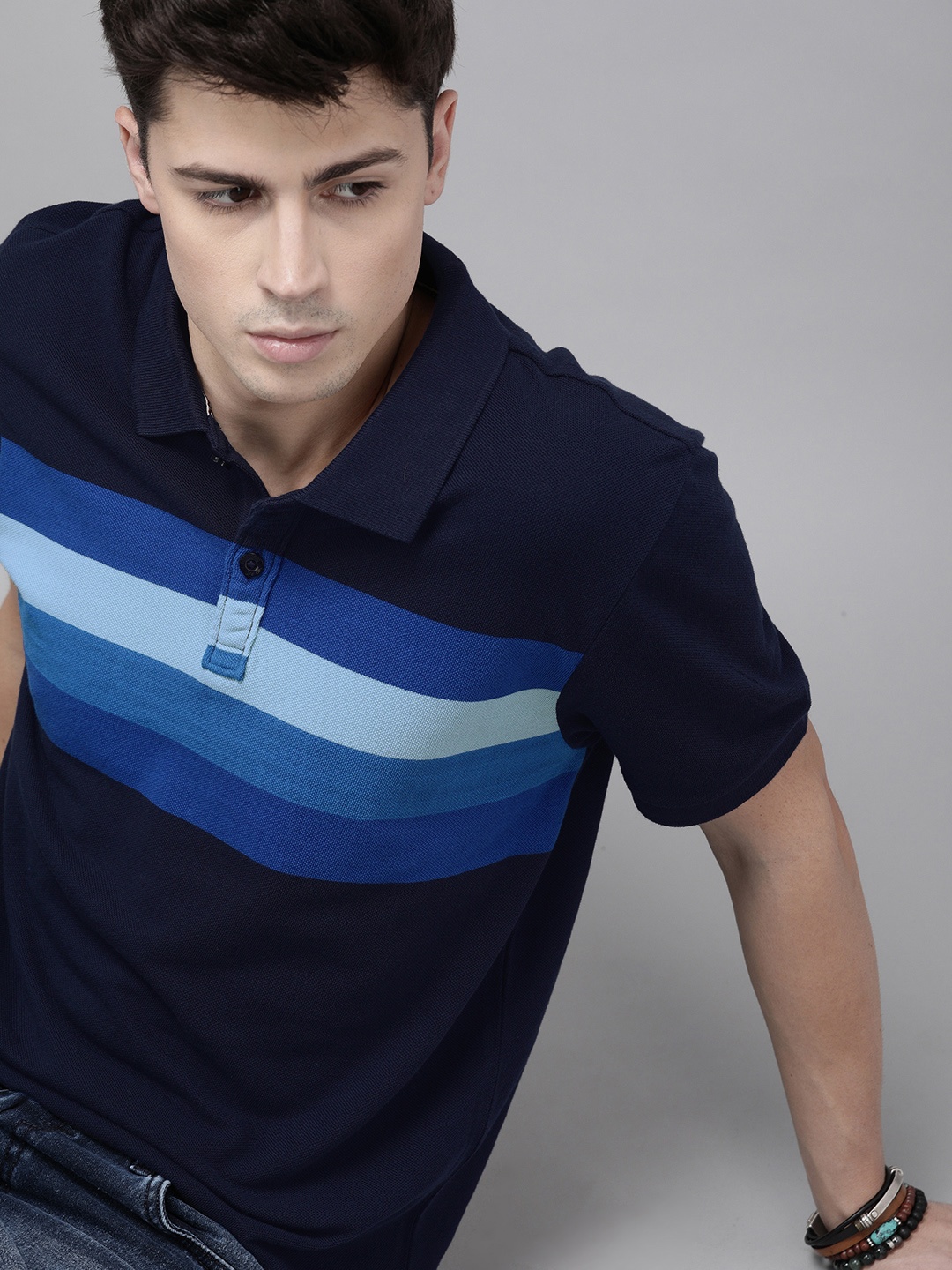 

Roadster Men Navy Blue Striped Polo Collar Pure Cotton T-shirt