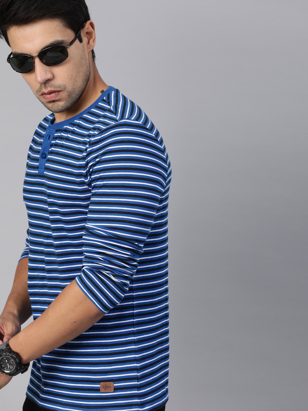 

Roadster Men Blue Black Striped Henley Neck Pure Cotton T-shirt