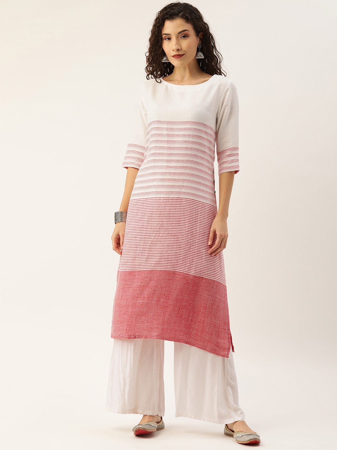 

Instafab Women White & Pink Striped Straight Kurta