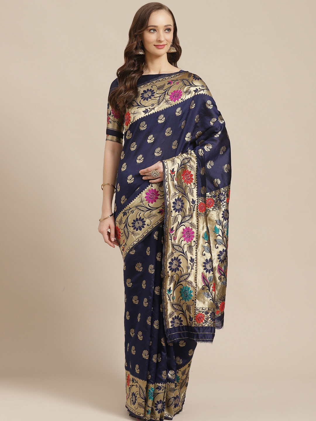 

Saree mall Navy Blue & Golden Woven Design Banarasi Saree