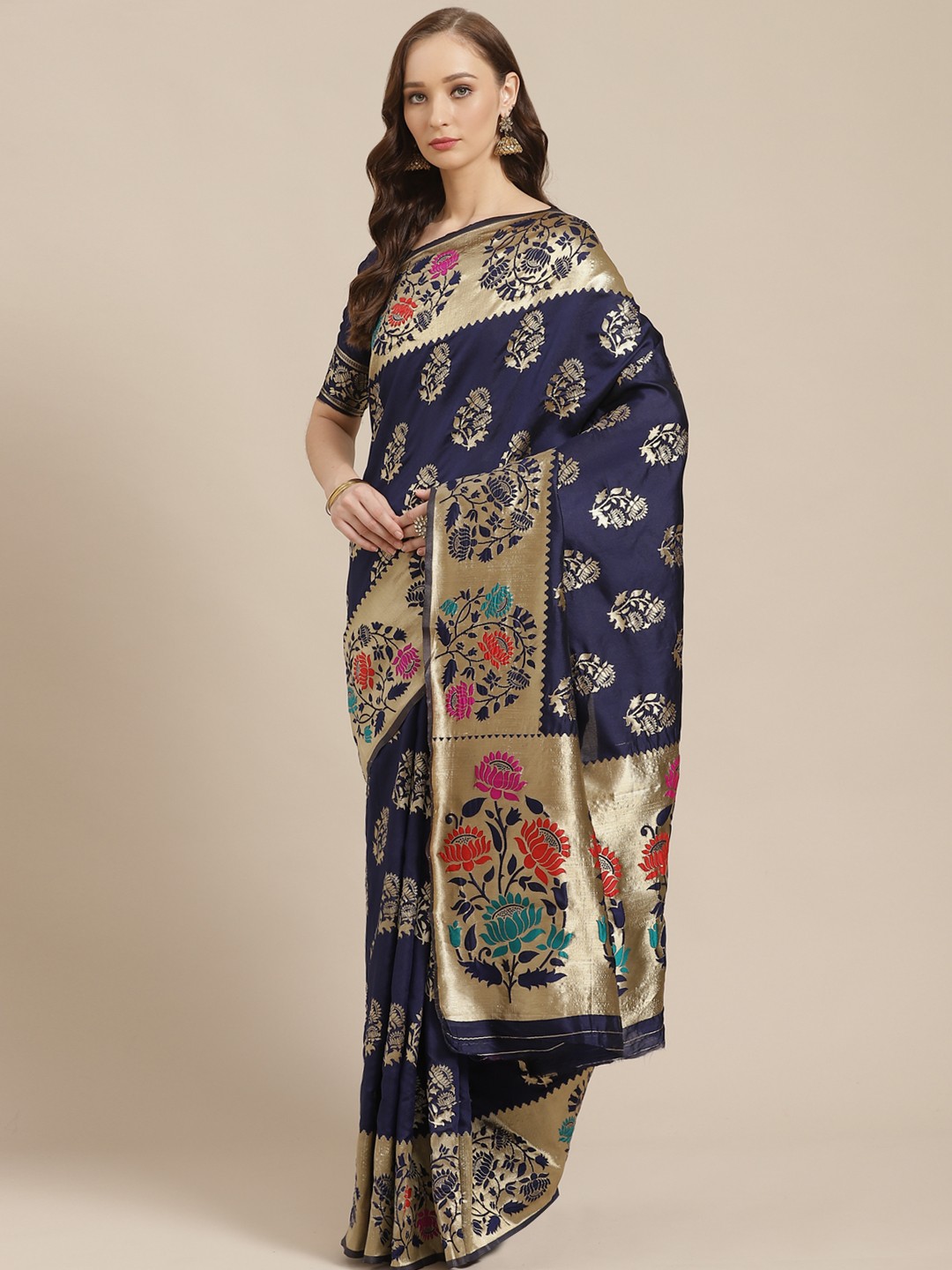 

Saree mall Navy Blue & Golden Woven Design Banarasi Saree