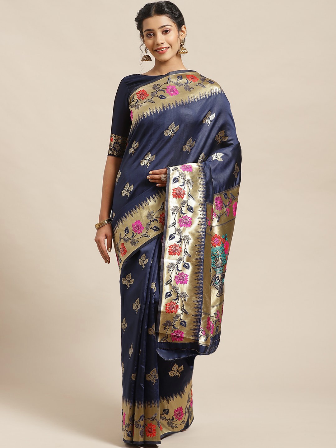 

Saree mall Navy Blue & Golden Woven Design Banarasi Saree