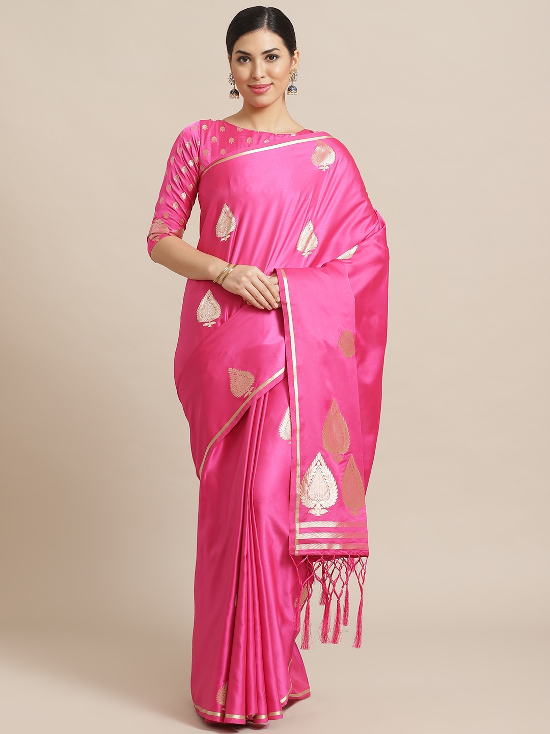 

Saree mall Pink & Golden Woven Design Banarasi Saree