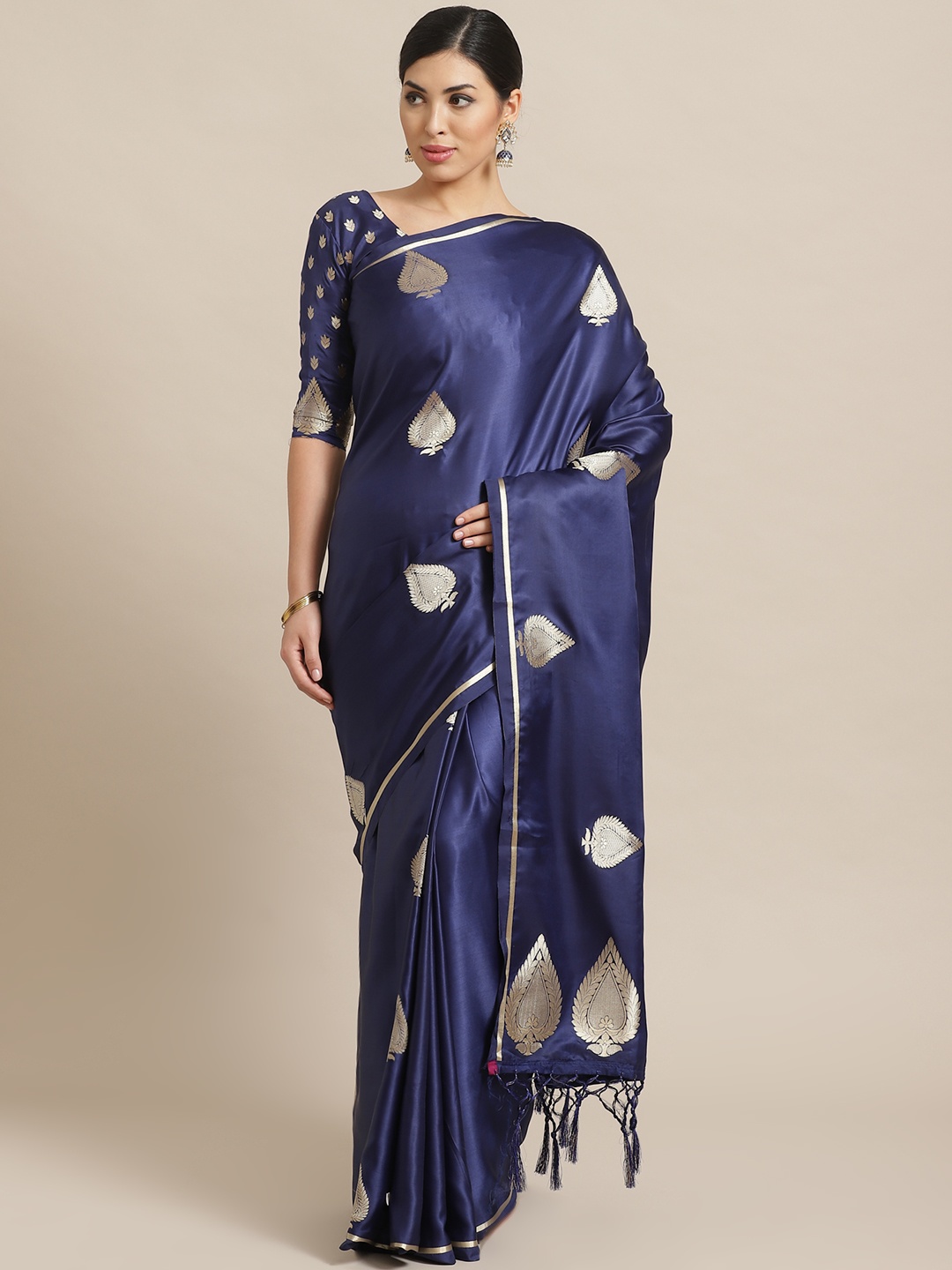 

Saree mall Navy Blue & Golden Silk Blend Woven Design Banarasi Saree