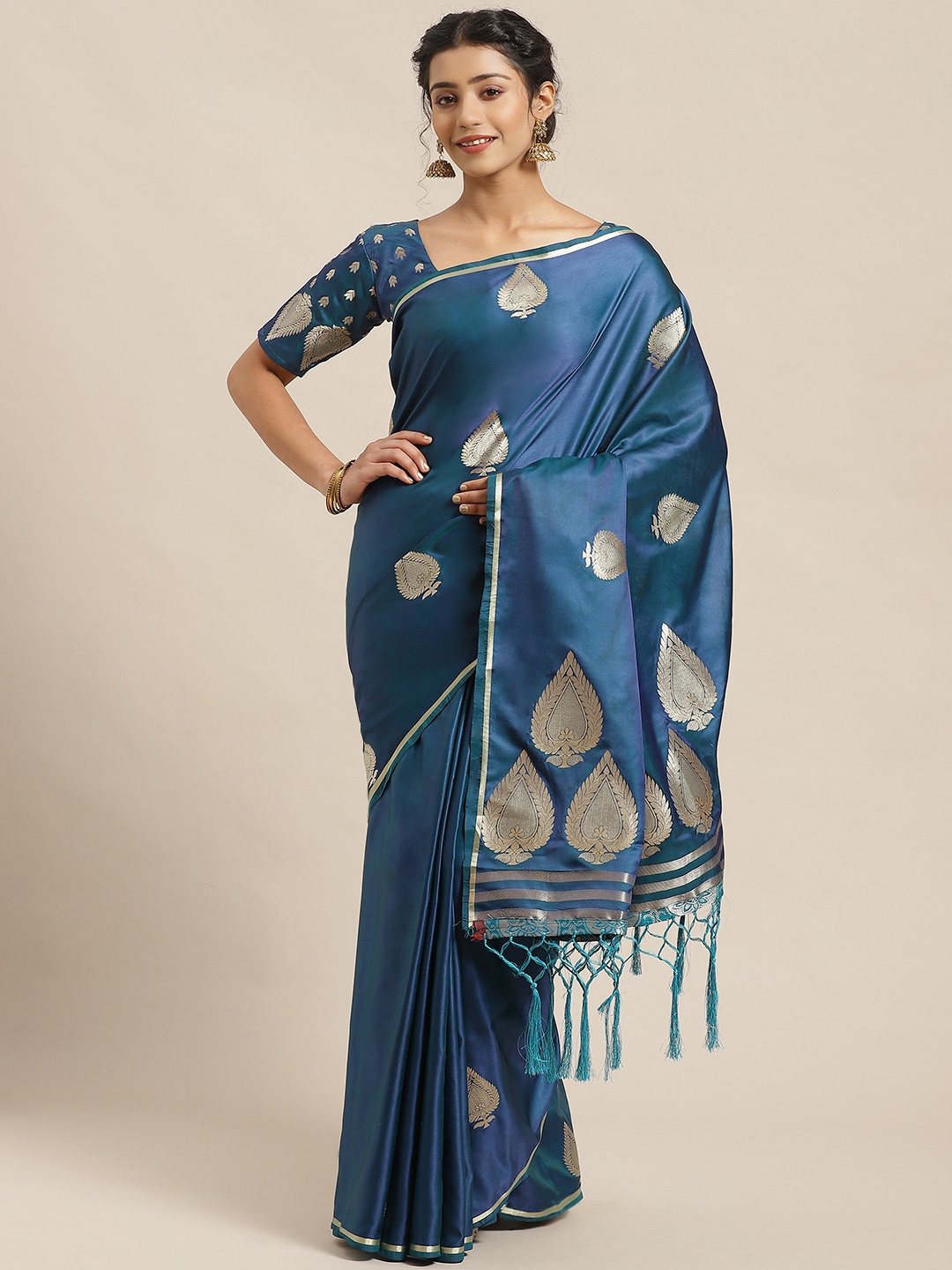 

Saree mall Teal Blue & Golden Woven Design Banarasi Saree