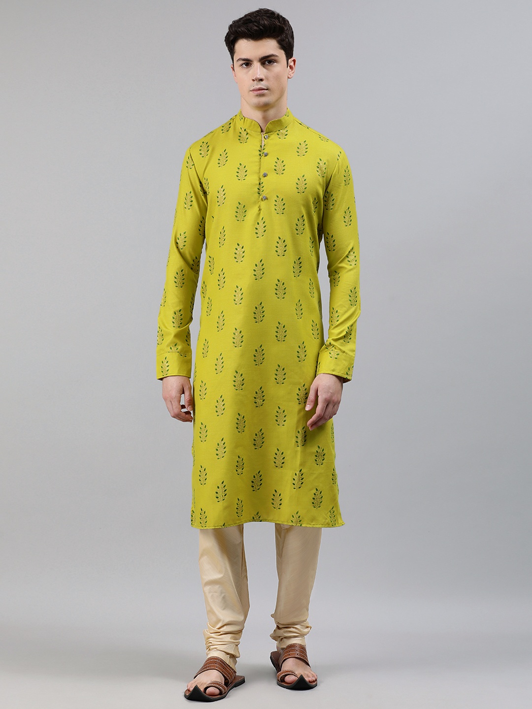 

Ethnovog Men Green Beige Made To Measure Foil Printed Kurta with Churidar