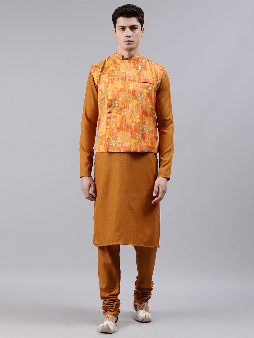 

Ethnovog Men Rust Orange Solid Made To Measure Kurta Set with Nehru Jacket