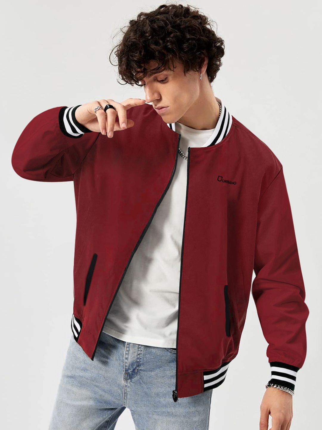 

Urbano Fashion Men Cotton Zippered Varsity Jacket, Burgundy