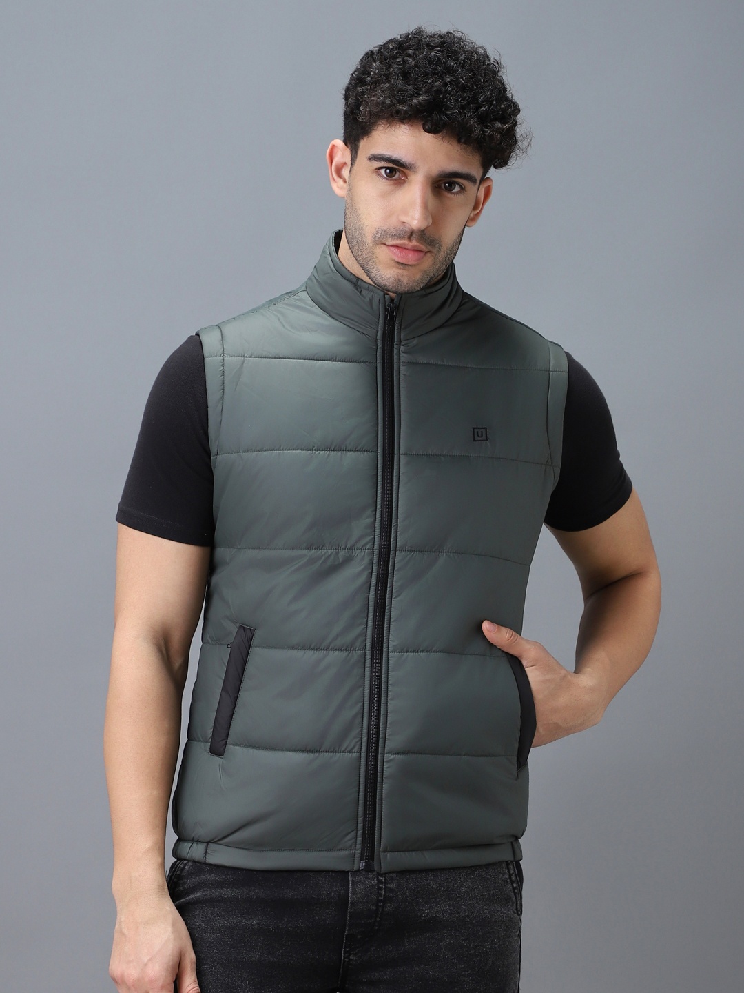 

Urbano Fashion Men Sleeveless Zippered Puffer Jacket, Olive