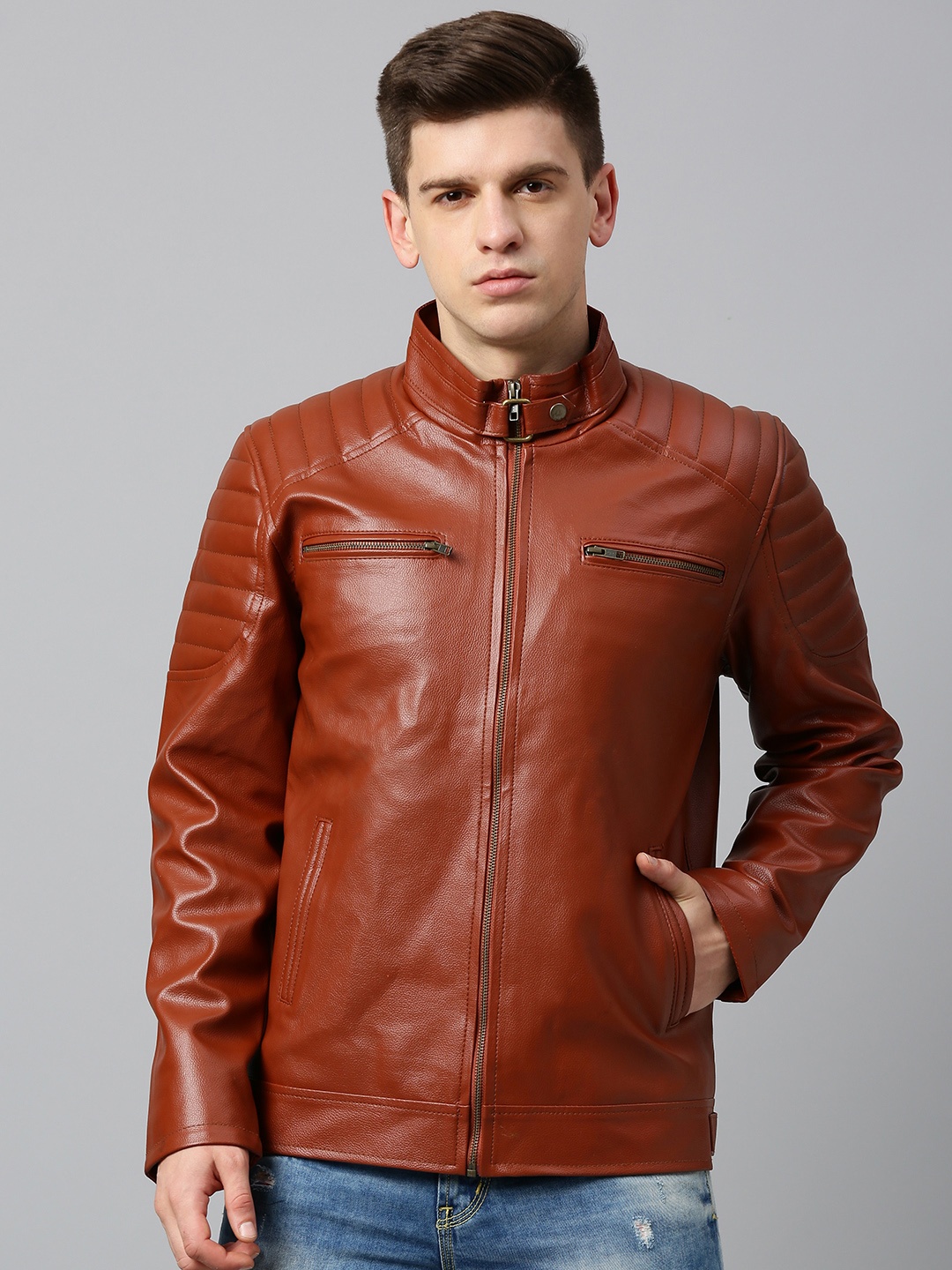

Urbano Fashion Men Tan Brown Solid Leather Biker Jacket