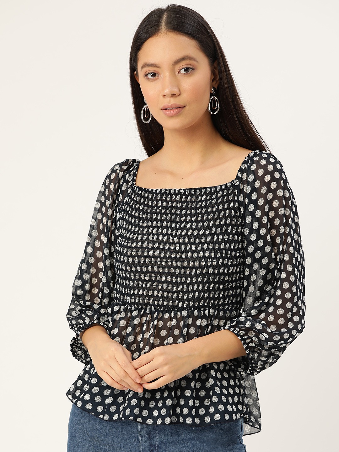 

Antheaa Women Navy & Off-White Polka Dot Print Smocked A-Line Top, Navy blue