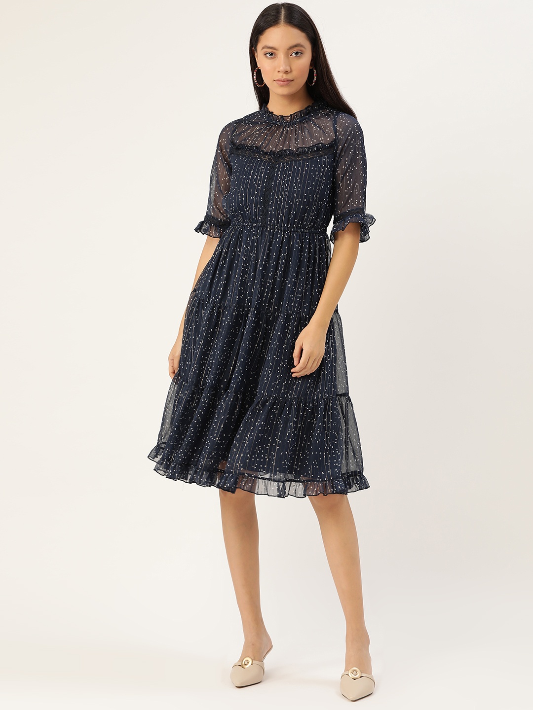 

Antheaa Women Navy Blue & White Tiered Printed A-Line Dress