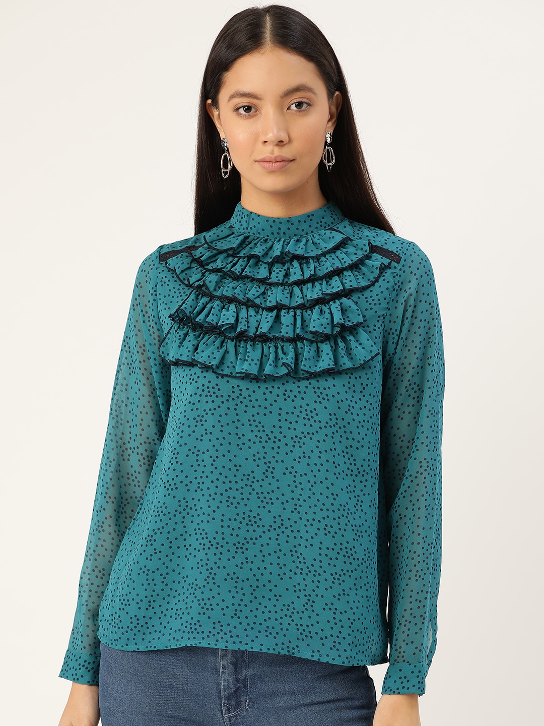 

Antheaa Women Teal Green & Black Polka Dot Ruffled Print Top