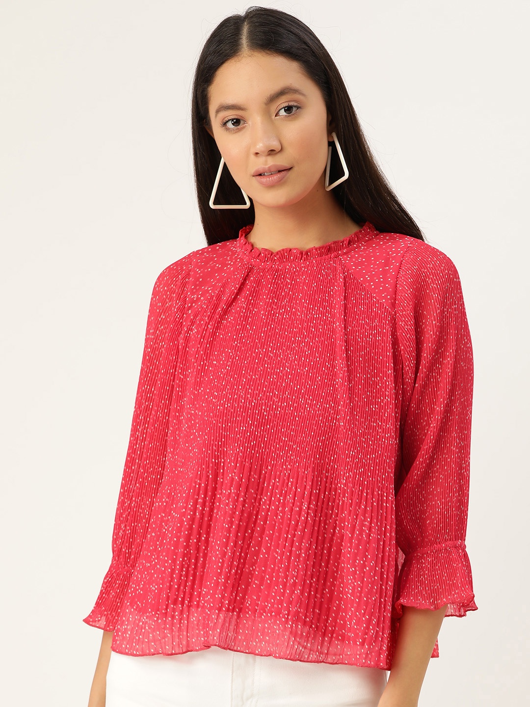 

Antheaa Women Red & White Polka Dot Print Accordion Pleat A-Line Top