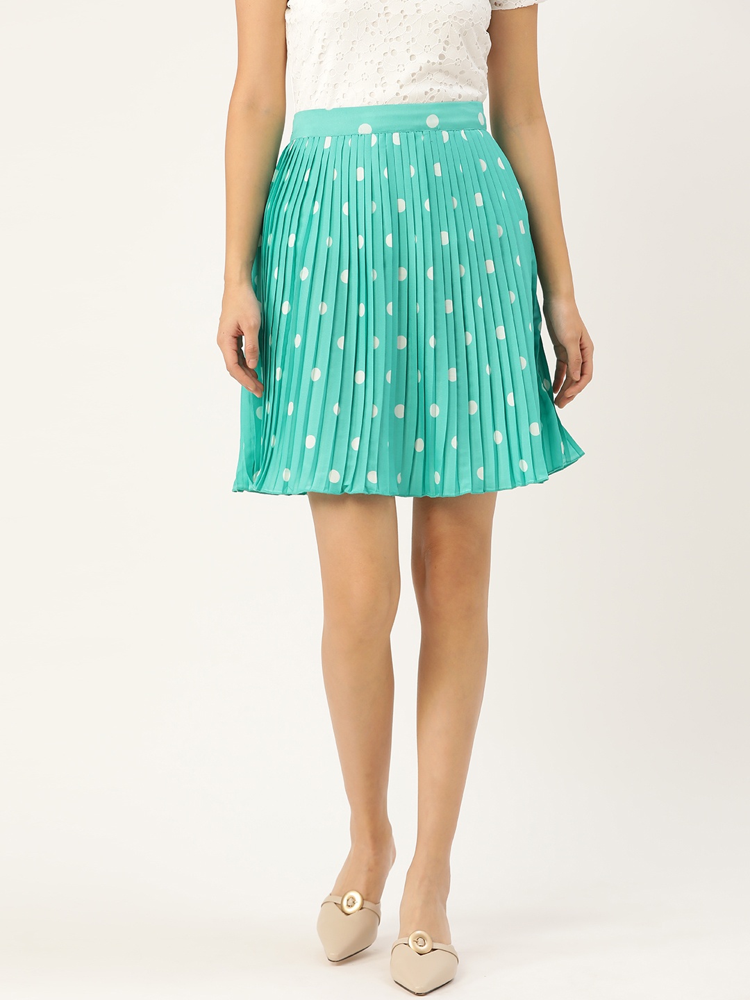 

Antheaa Women Blue & White Polka Dot Print Accordian Pleated A-Line Skirt