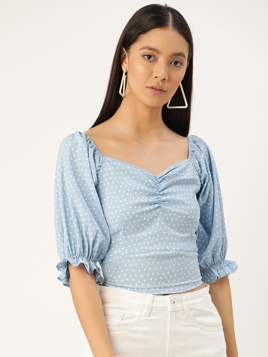 

Antheaa Women Blue & White Polka Dot Print Crop Top