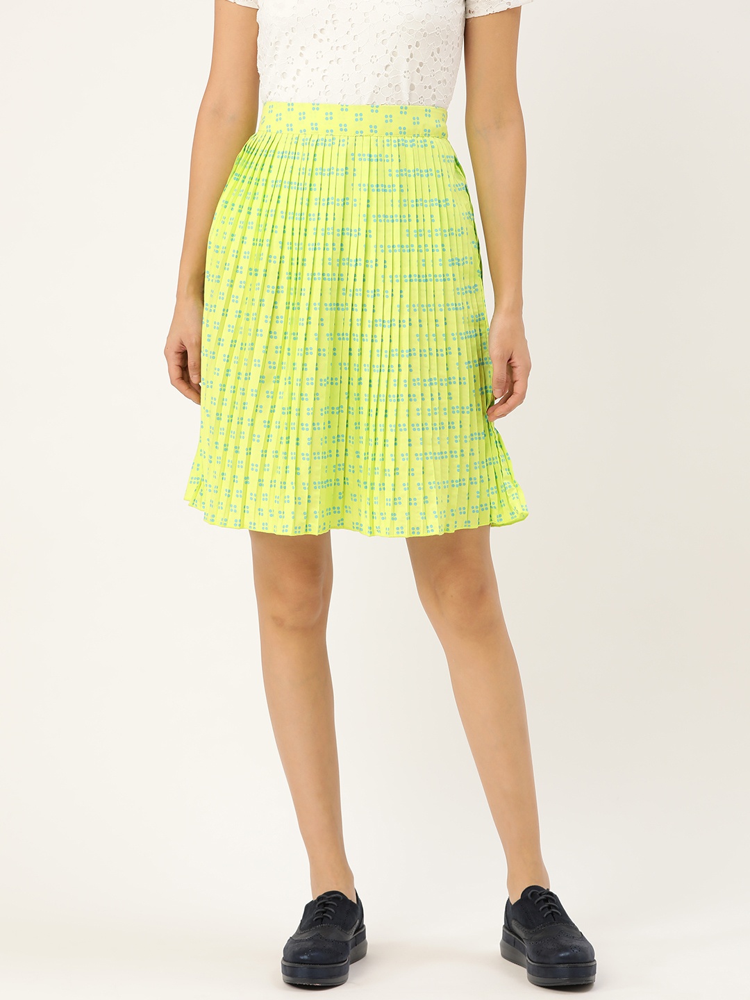 

Antheaa Women Lime Green & Blue Printed Accordian Pleated A-Line Skirt
