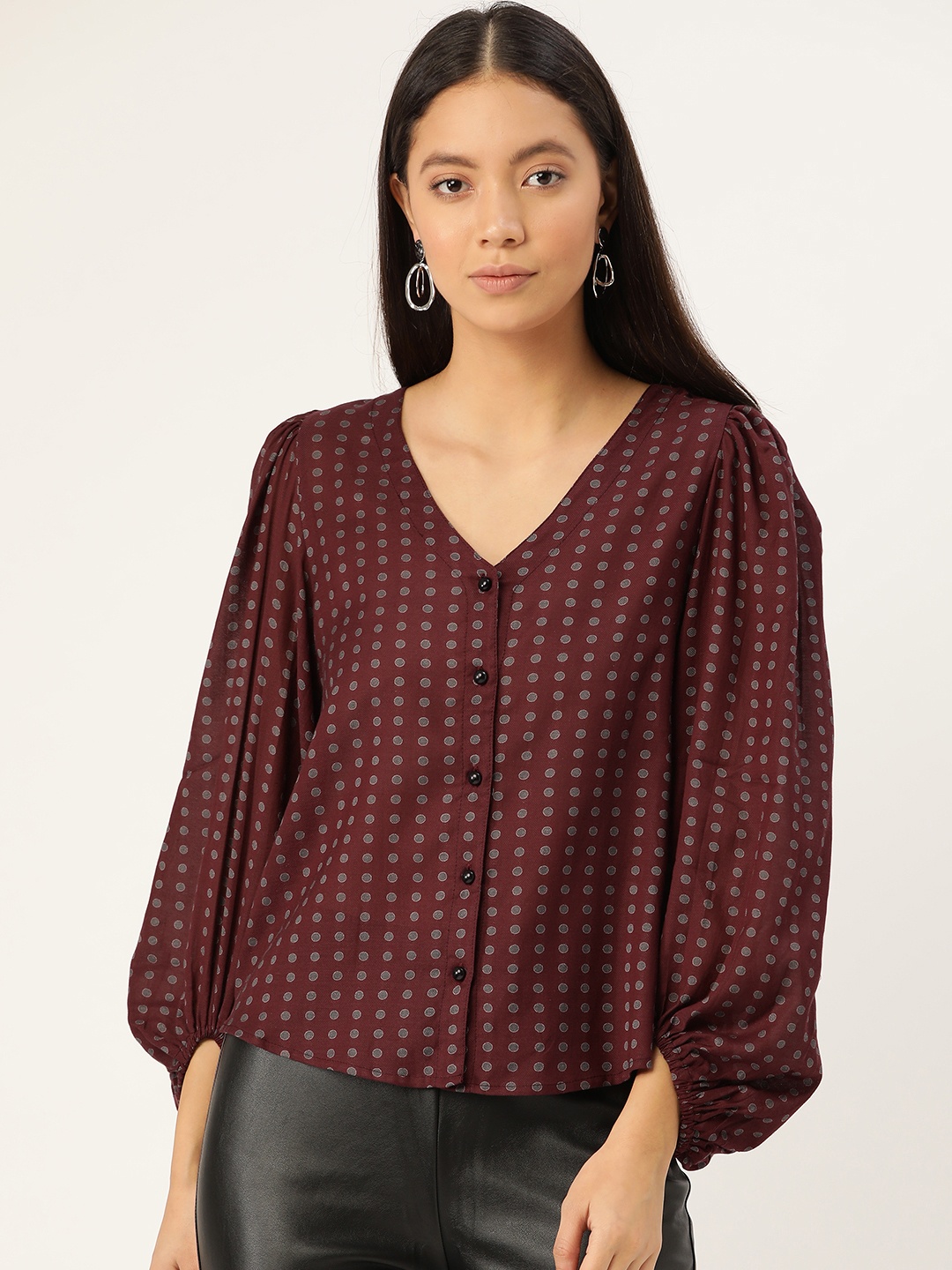 

Antheaa Women Wine-Coloured & Charcoal Grey Pleated Polka Dots Printed Puff Sleeves Pure Cotton Top, Burgundy