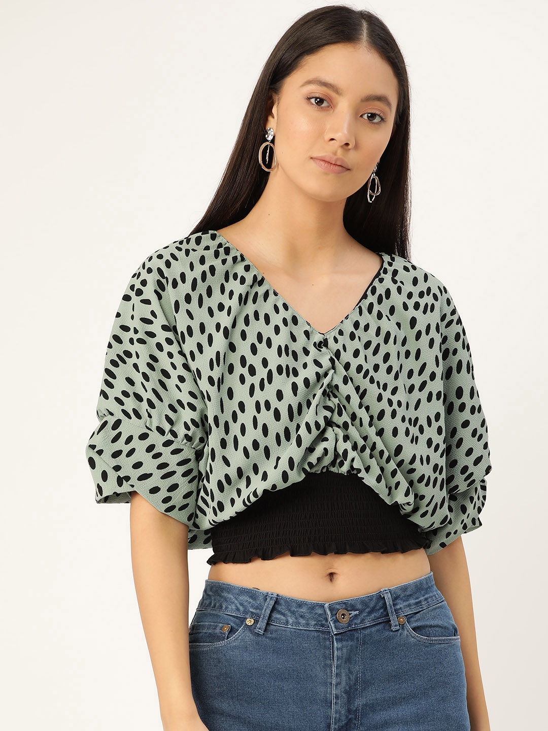 

Antheaa Women Green & Black Polka Dot Print Blouson Crop Top