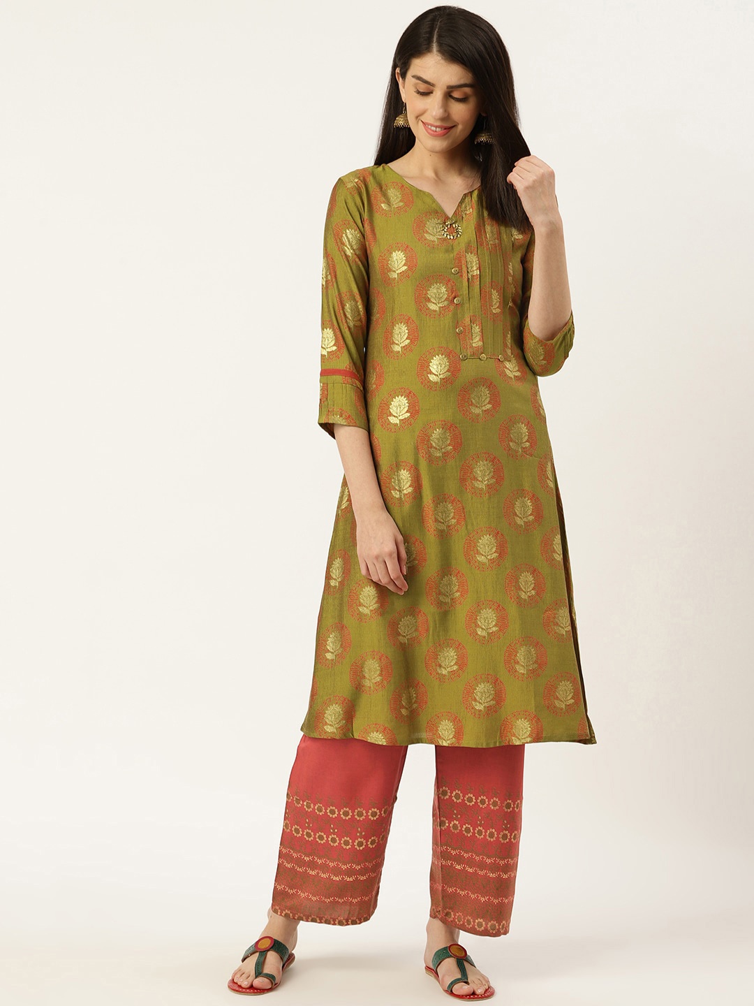 

shiloh Women Olive Green & Maroon Printed Kurta with Palazzos