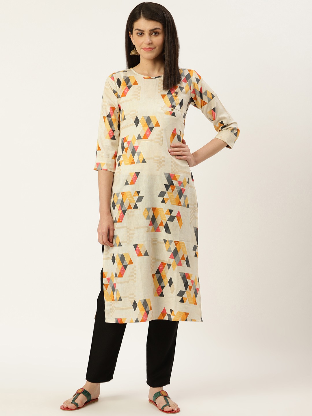 

shiloh Women Off-White & Black Printed Kurta with Trousers