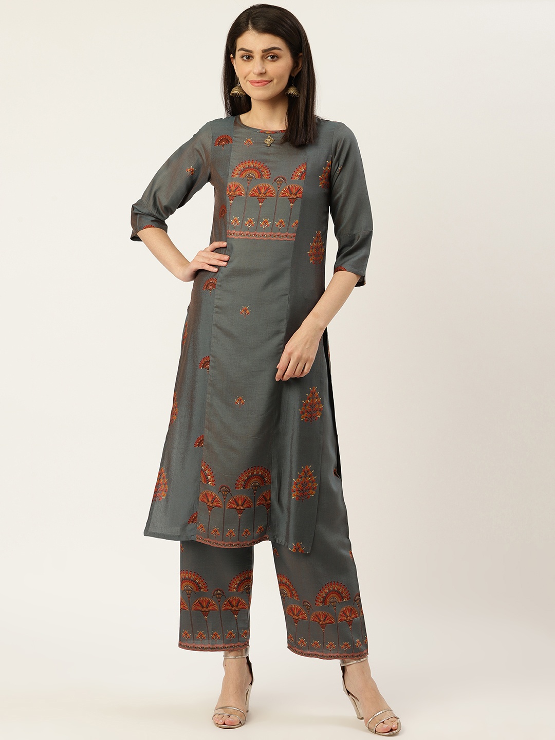 

shiloh Women Blue & Rust Red Printed Kurta with Trousers