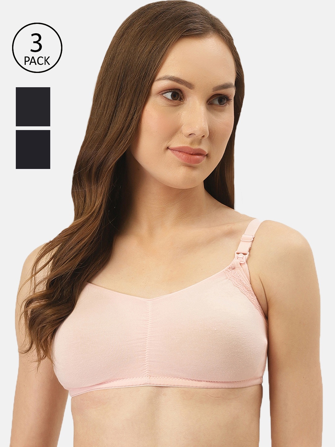 

Inner Sense Pack Of 3 Beige & Black Solid Non-Wired Antimicrobial Maternity Bra