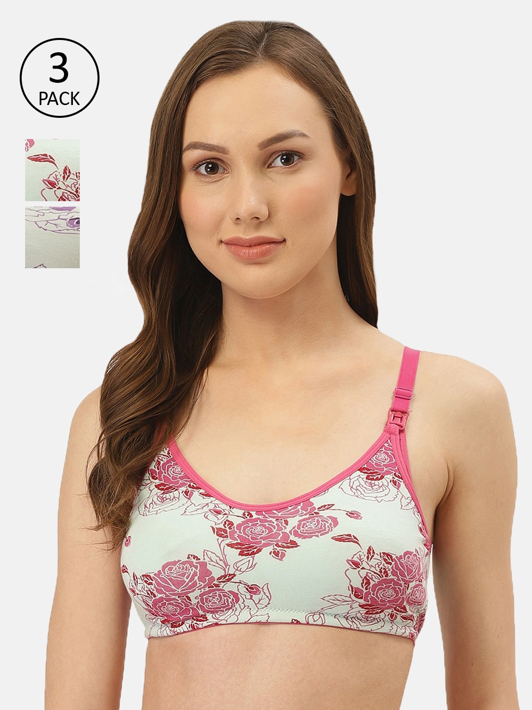 

Inner Sense Pack of 3 Floral Print Maternity Bras IMBC004C_4C_4D, Pink