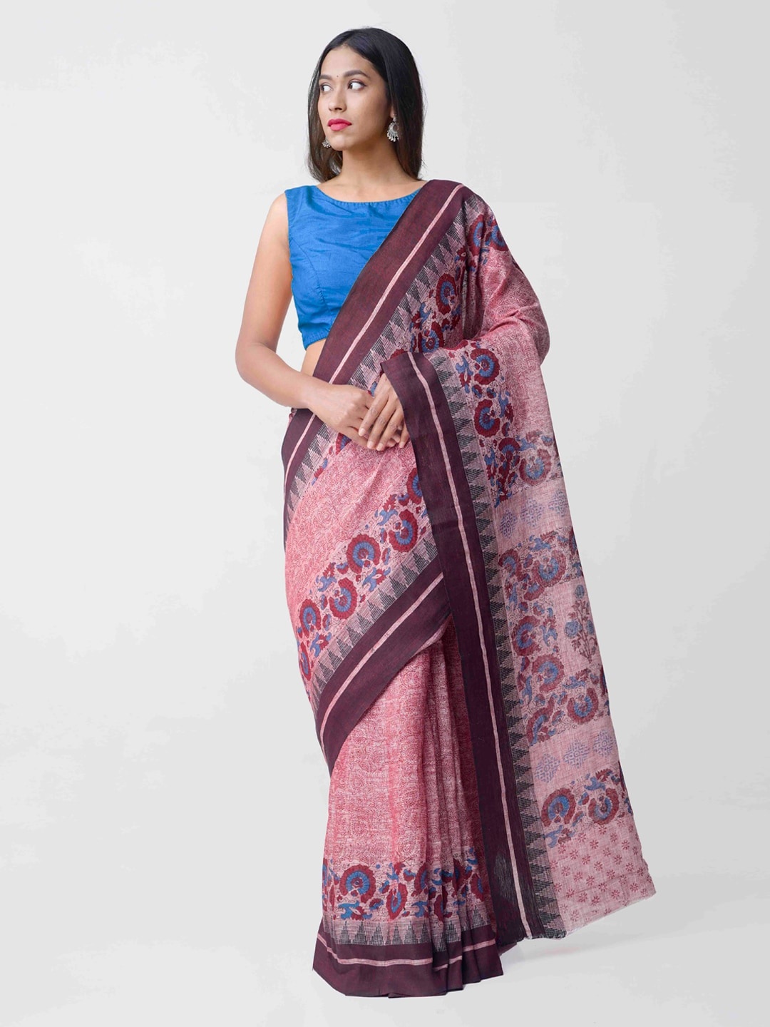 

Unnati Silks Peach-Coloured & Burgundy Pure Pure Handloom Linen saree