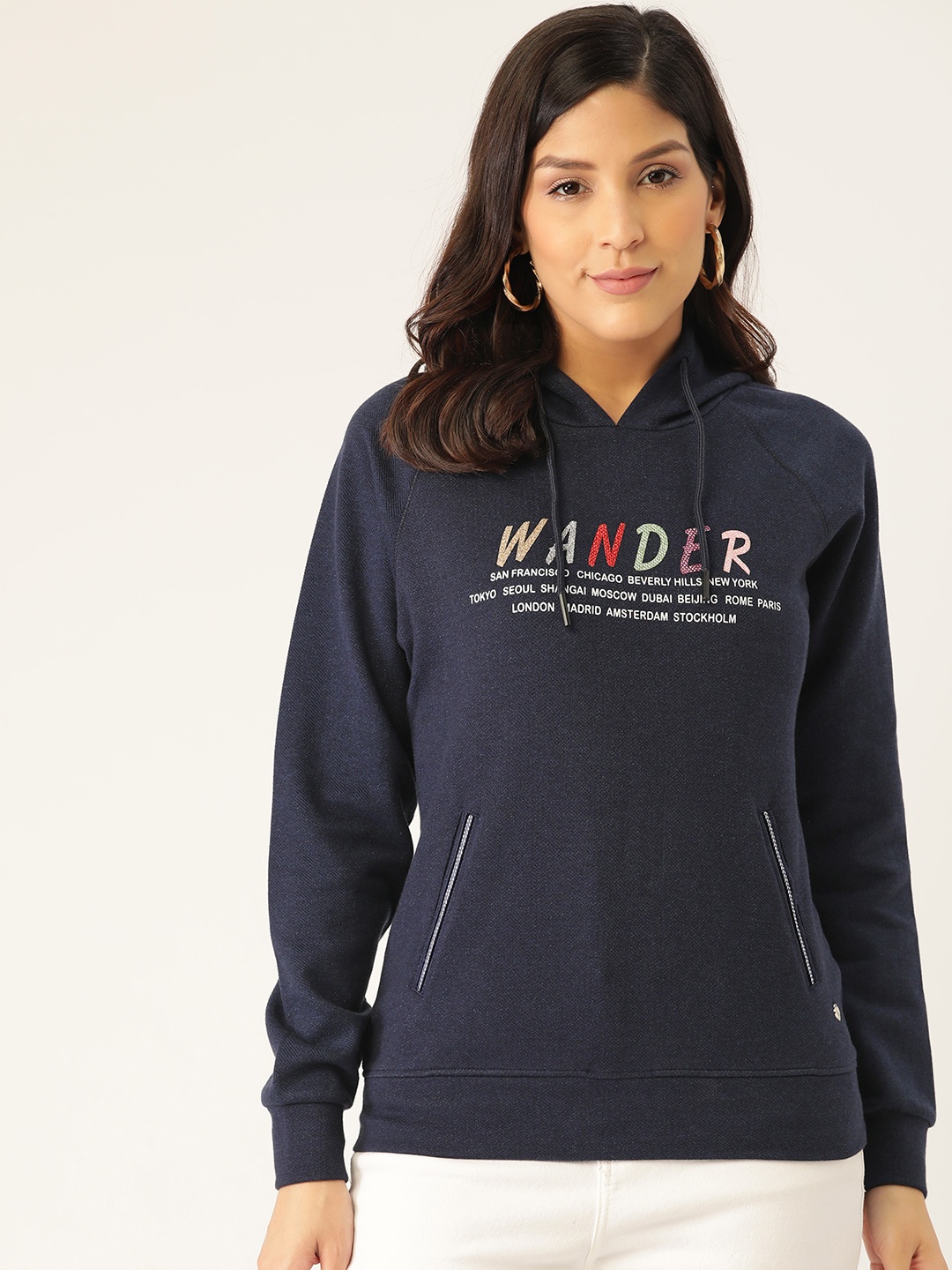 

Monte Carlo Women Navy Blue Printed Hooded Sweatshirt