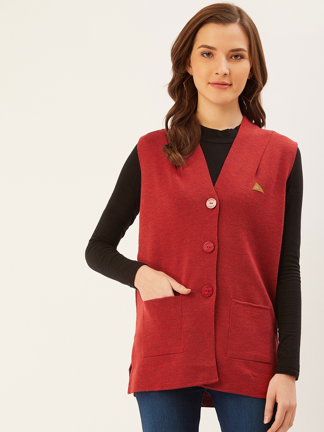 

Monte Carlo Women Maroon Woollen Solid Cardigan