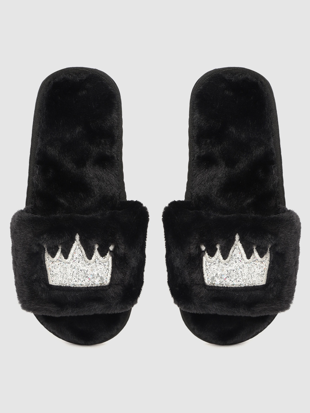 

DressBerry Women Black & Silver-Toned Crown Embellished Faux Fur Room Slippers