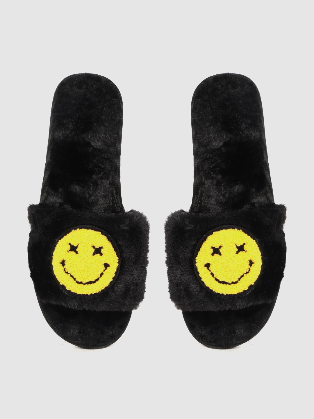 

DressBerry Women Black & Yellow Emoji Applique Faux Fur Room Slippers