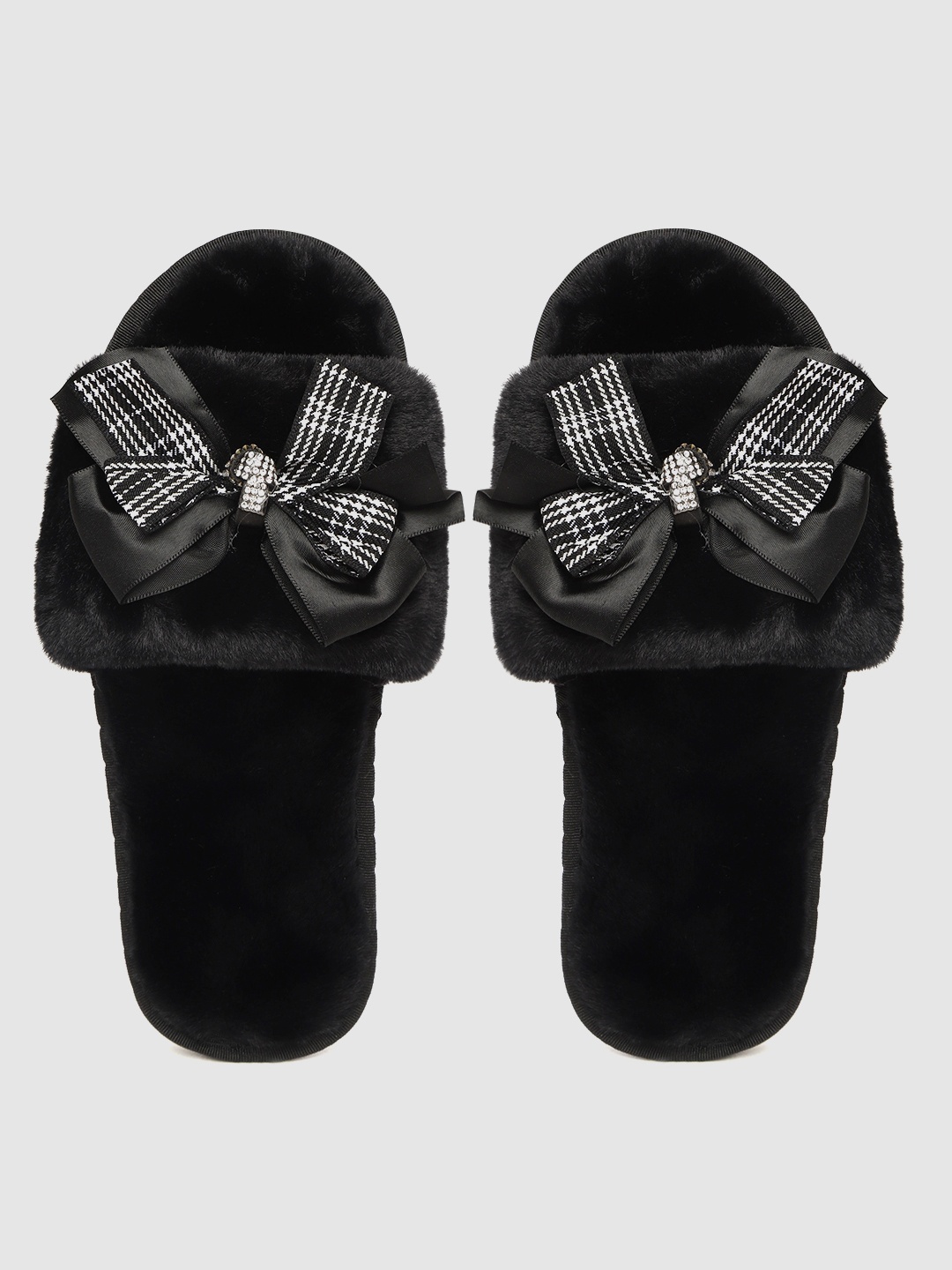 

DressBerry Women Black Faux Fur Room Slippers with Houndstooth Patterned Bow Detail