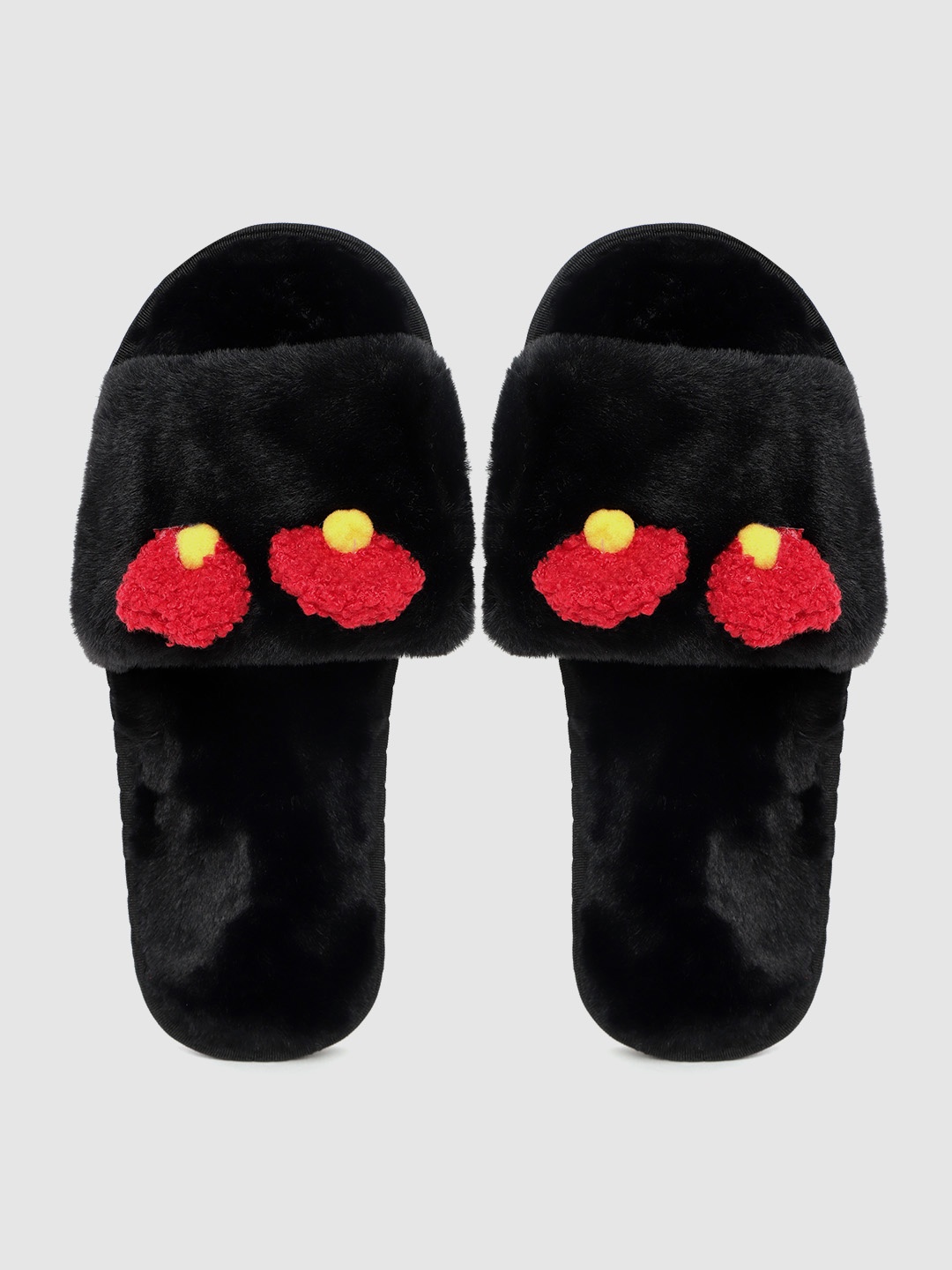 

DressBerry Women Black & Red Applique Detail Faux Fur Room Slippers