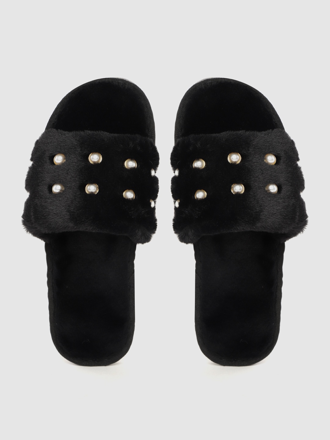

DressBerry Women Black & White Beaded Faux Fur Room Slippers