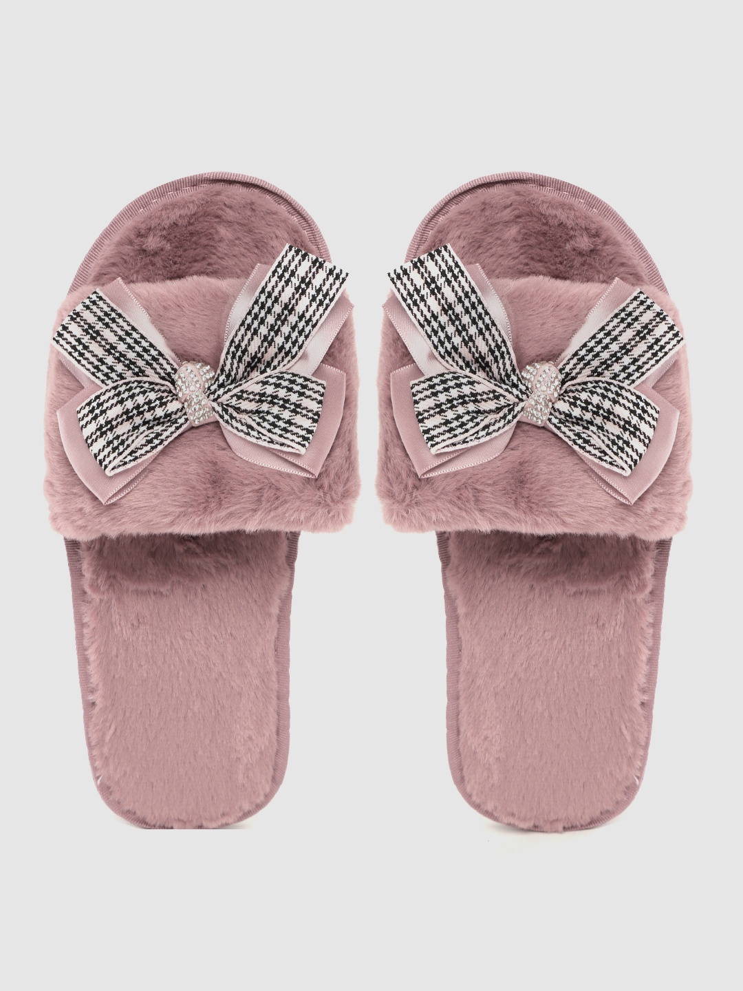 

DressBerry Women Pink & Black Faux Fur Room Slippers with Houndstooth Patterned Bow Detail